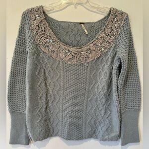 Free People Steel Blue Sweater with Lace Accents